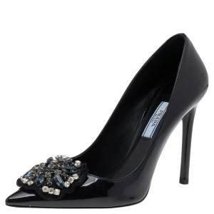 Pre Owned Prada Black Patent Leather Embellished Pointed Toe Pumps Size 36.5
