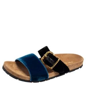 Pre Owned Prada Black/Blue Velvet Slide Flat Sandals Size 40