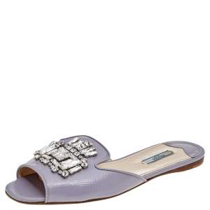 Prada Lilac Saffiano Patent Leather Crystal Embellished Slide Sandals Size 40