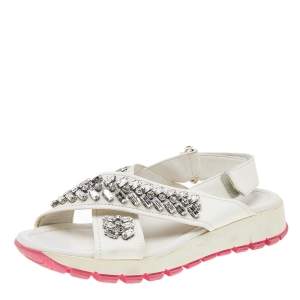 Pre Owned Prada White Leather Crystal Embellished Slingback Flat Sandals Size 35