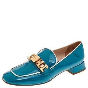 Pre Owned Prada Blue Patent Leather Embellished Slip On Loafers Size 39