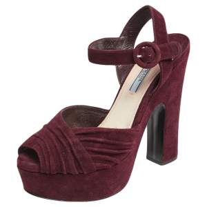 Prada Burgundy Suede Platform Ankle Strap Sandals Size 39