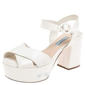 Prada Cream Patent Leather Criss Cross Platform Ankle Strap Sandals Size 37.5
