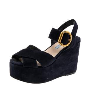 Pre Owned Prada Navy Blue Suede Criss Cross Platform Ankle Strap Sandals Size 37.5