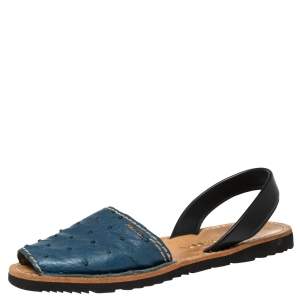 Pre Owned Prada Blue/Black Ostrich and Leather Slingback Sandals Size 38.5