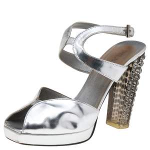 Prada Metallic Silver Leather Crystal Embellished Block Heel Platform Sandals Size 35.5