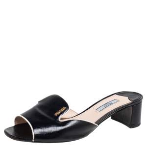 Pre Owned Prada Black Saffiano Vernice Leather Slide Sandals Size 38.5