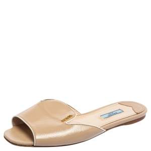 Pre Owned Prada Beige Patent Saffiano Leather Logo Embellished Flat Slide Sandals Size 39.5 