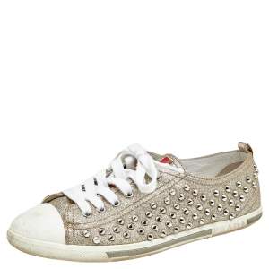 Pre Owned Prada Gold /White Glitter And Leather Stud Embellished Sneakers Size 37.5