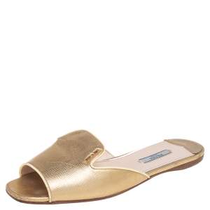 Pre Owned Prada Gold Patent Saffiano Leather Block Heel Slide Sandals Size 38.5