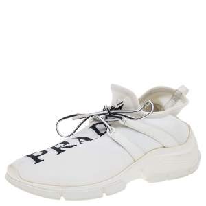 Pre Owned Prada White Knit Fabric XY Logo Sock Low Top Sneakers Size 39.5