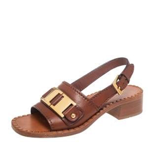Pre Owned Prada Brown Leather Chain Front Slingback Sandals Size 36 