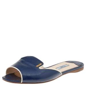 Pre Owned Prada Blue Patent Saffiano Leather Flat Slides Size 39