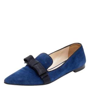 Prada Blue/Black Suede and Fabric Bow Smoking Slippers Size 37