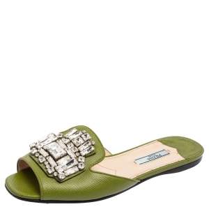 Pre Owned Prada Green Patent Leather Flat Slides Size 37.5