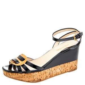 Prada Black Patent Leather Cork Wedge Platform Ankle Strap Sandals Size 39