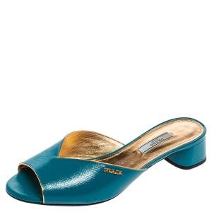 Prada Teal Blue Vernice Saffiano Leather Block Heel Slide Sandals Size 38