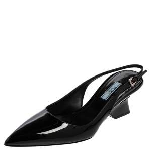 Pre Owned Prada Black Patent Leather Pointed-Toe Slingback Sandals Size 39