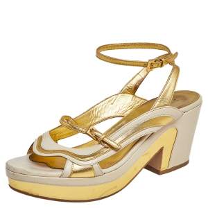 Pre Owned Prada Gold/Cream Glossy Leather Fairy Block Heel Sandals Size 41