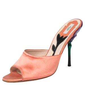 Pre Owned Prada Peach Pink Satin Flower Heel Slide Sandals Size 38