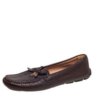 Pre Owned Prada Brown Leather Bow Loafers Size 40