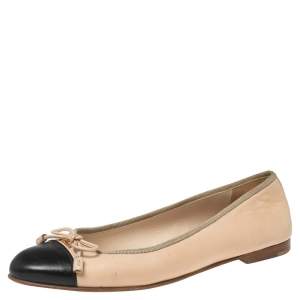 Pre Owned Prada Beige/Black Leather Cap-Toe Bow Detail Ballet Flats Size 38.5