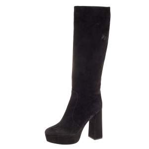 Prada Black Suede Platform Block Heel Knee Length Boots Size 38.5