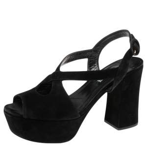 Prada Black Suede Ankle Strap Platform Block Heel Sandals Size 39