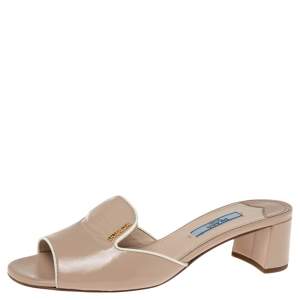 Prada Beige Saffiano Vernice Leather Slide Sandals Size 37