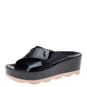 Pre Owned Prada Black Patent Leather Criss Cross Platform Slide Sandals Size 38