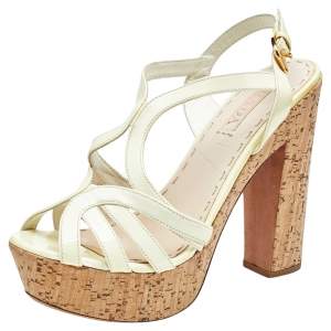 Prada Yellow Patent Leather Peep Toe Strappy Cork Platform Sandals Size 39