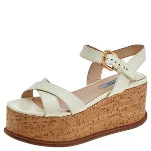 Pre Owned Prada Off White Patent Leather Ankle Strap Cork Wedge Sandals Size 38.5