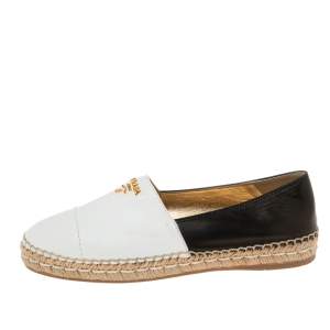 Pre Owned Prada White/Black Leather Flat Espadrilles Size 40
