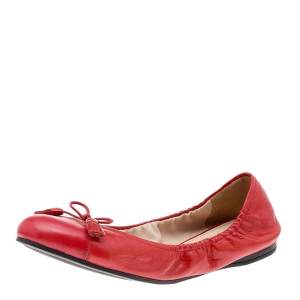 Pre Owned Prada Red Leather Bow Ballet Flats Size 40