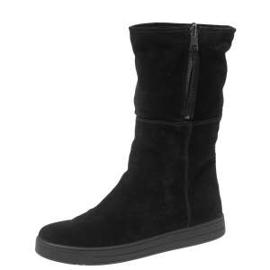 Pre Owned Prada Black Suede Zip Mild Calf Boots Size 39.5