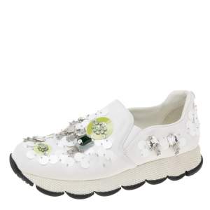 Pre Owned Prada White Fabric Crystals Embellished Slip-On Sneakers Size 37