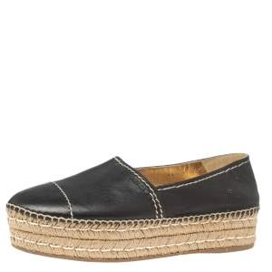 Pre Owned Prada Black Leather Platform Flat Espadrilles Size 41
