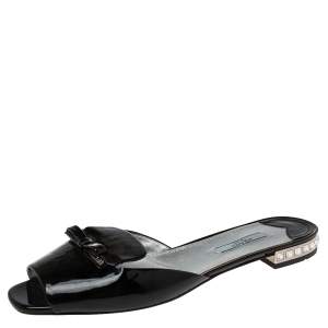 Pre Owned Prada Black Patent Leather Bow Flat Slide Sandals Size 40