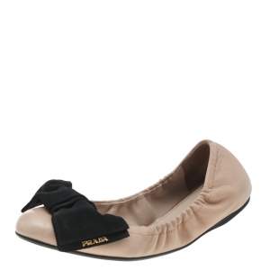 Pre Owned Prada Beige/Black Leather And Fabric Bow Scrunch Ballet Flats Size 37.5