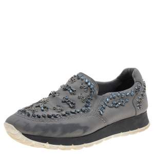 Pre Owned Prada Grey Canvas Crystal Embellished Slip On Sneakers Size 39