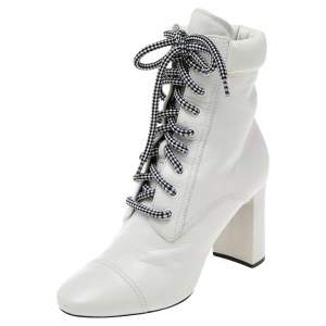 Pre Owned Prada White Leather  Lace Up Combat Ankle Boots Size 38