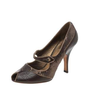 Prada Vintage Brown Leather And Sequins Mary Jane Peep Toe Pumps Size 37