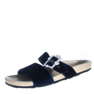 Pre Owned Prada Navy Blue Velvet Crystal Embellished  Flat Sandals Size 39