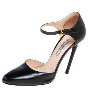 Pre Owned Prada Black Leather D'orsay Ankle-Strap Pumps Size 36.5