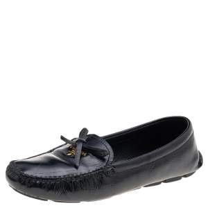 Pre Owned Prada Black Patent Leather Bow Slip On Loafers Size 39.5