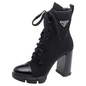 Pre Owned Prada Black Nylon And Leather Cap Toe Ankle Boots Size 39
