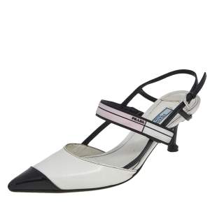 Prada White/Black Leather Cap Toe Slingback Sandals Size 39