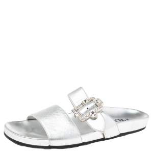 Pre Owned Prada Metallic Silver Leather Double-Strap Crystal Embellished Slides Size 39