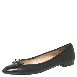 Pre Owned Prada Black Leather and Patent Cap-Toe Bow Ballet Flats Size 37.5
