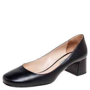 Prada Black Leather Round Toe Block Heel Pumps Size 40